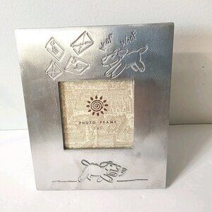 Vtg Free Standing Metal Photo Picture Frame Puppy Dog Chasing Mail Woof Woof